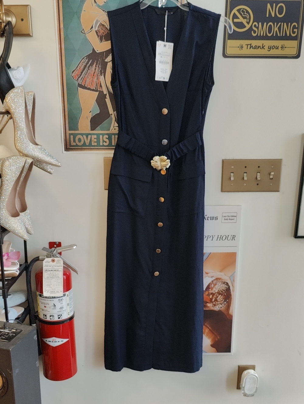 Zara Navy Sleeveless Button-Front Midi Dress with Floral Buckle